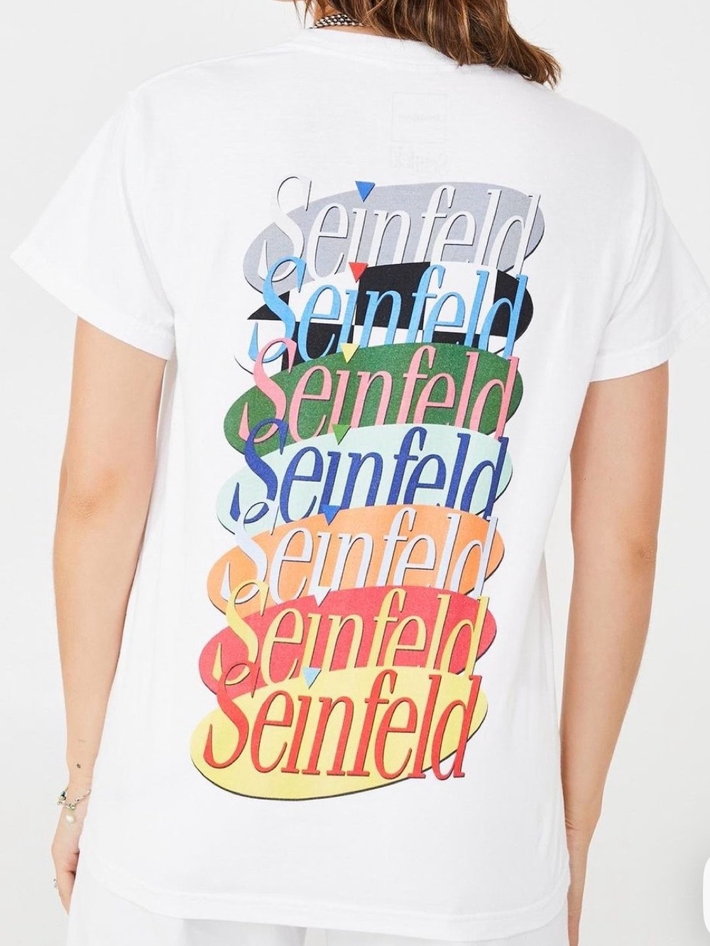 EUC-Dumbgood Graphic Print Seinfeld MultiColor Stacked Logo White Crew T-Shirt L
